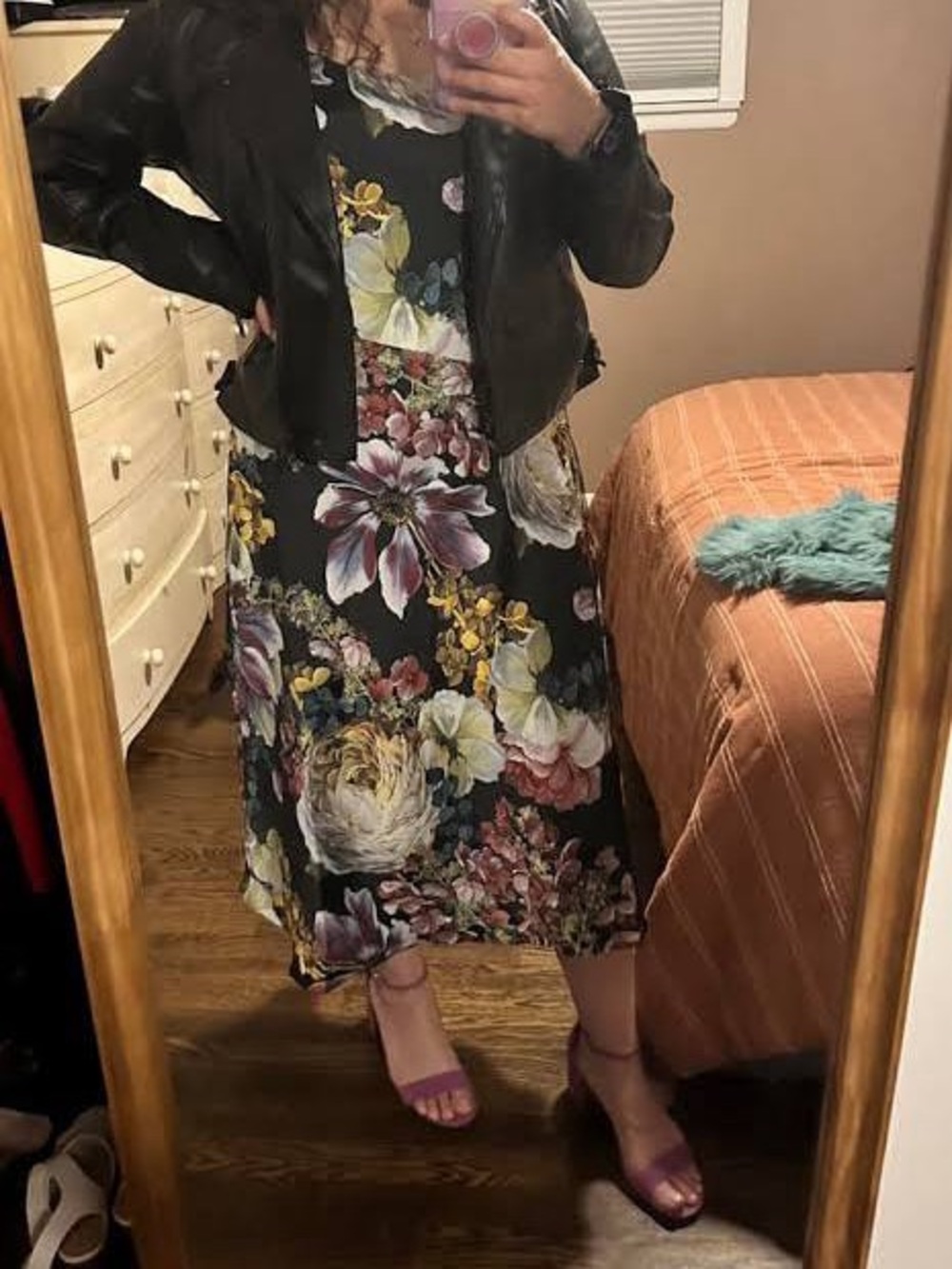 Express Black Floral Midi Dress with Multicolor Blooms